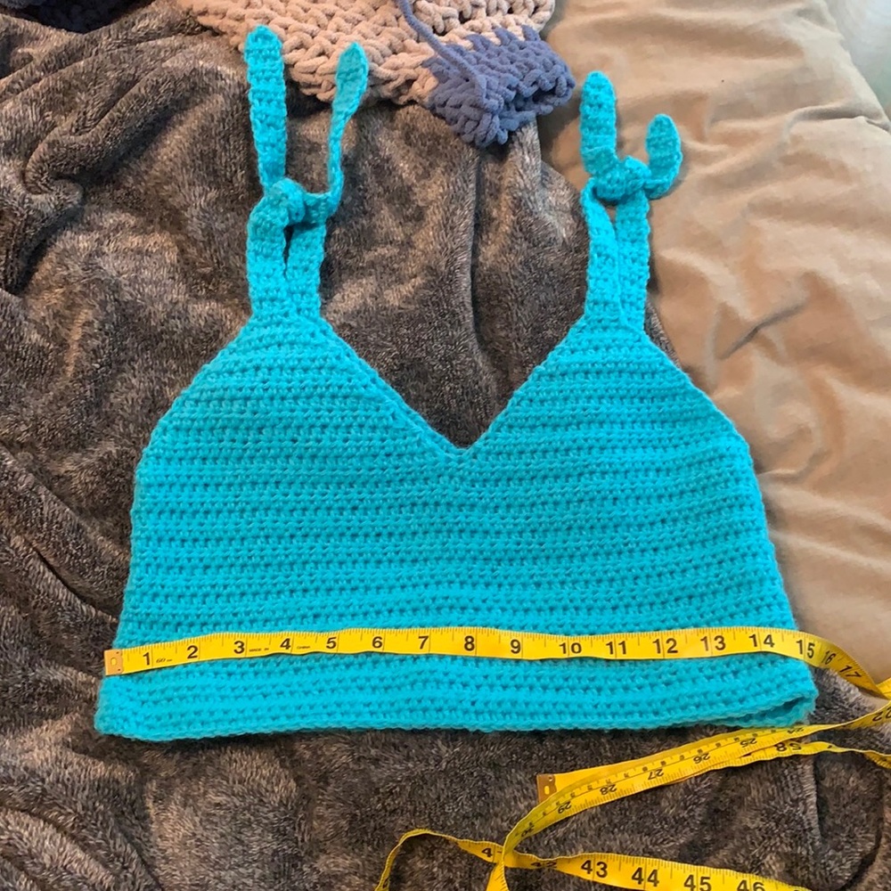 Hand crocheted crop tank with adjustable tie straps